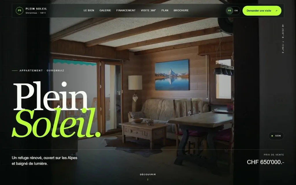 Accueil du site Plein Soleil à Ovronnaz, réalisé par Palmer Tech
